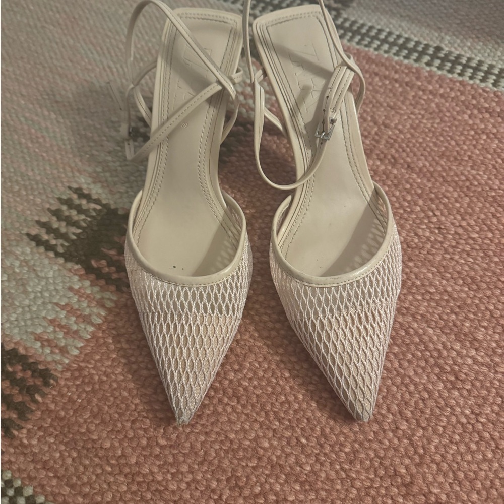 Zara Cream Pointed Mesh Slingback Heels